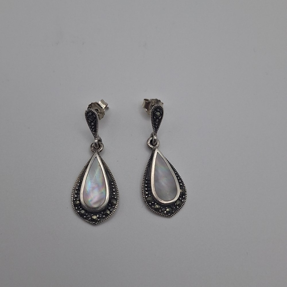 Vtg Sterling Silver 925 Abalone Marcasite Post Back Dangle Earrings 4.84g - Picture 8 of 8